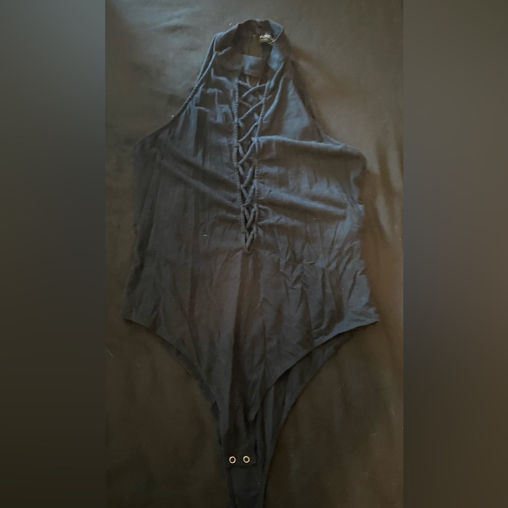 Black Lace up front bodysuit